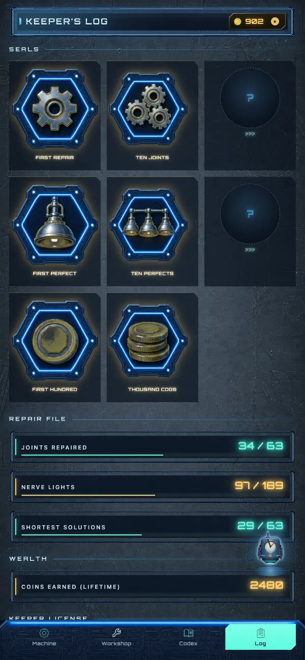 Keeper's Log screen: a wall of hexagonal seal plates including First Repair, Ten Joints, First Perfect and Star Wheel, with two locked slots, above a repair file of running counters