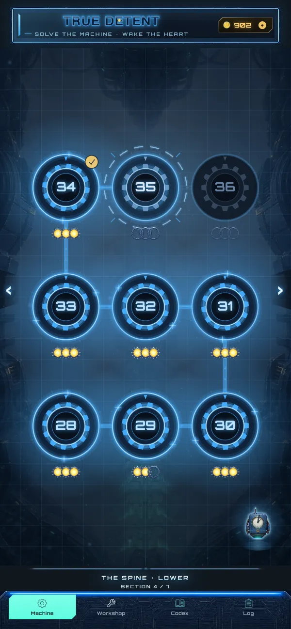 The machine map, showing gear-shaped level nodes numbered 19 to 27 wired together, three of them lit blue with three stars each, under the heading THE HEART, section 3 of 7